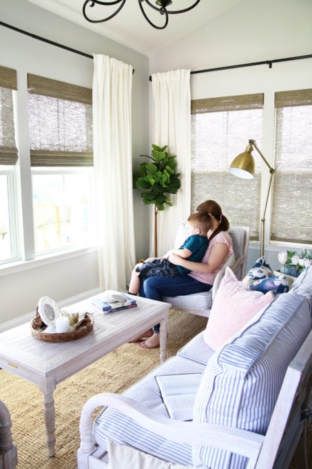 mother and son in organized sunroom