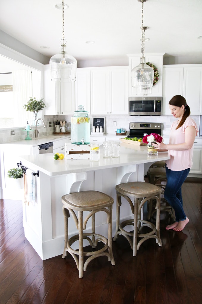 Large Kitchen Island with Clear Pendant Lights