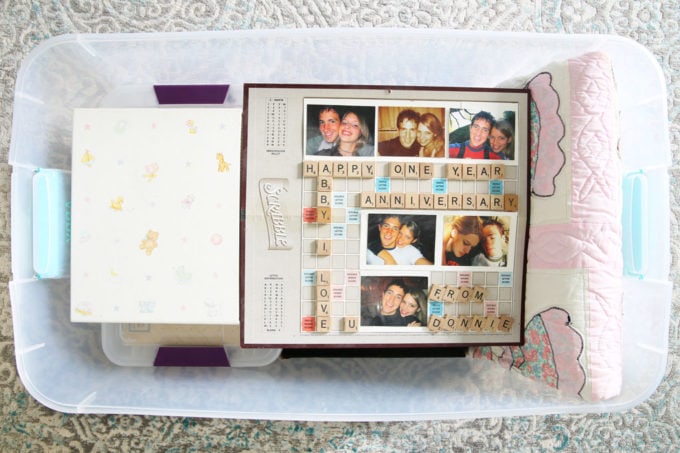 Baby Books and Scrabble Board Gift in a Bin of Sentimental Items