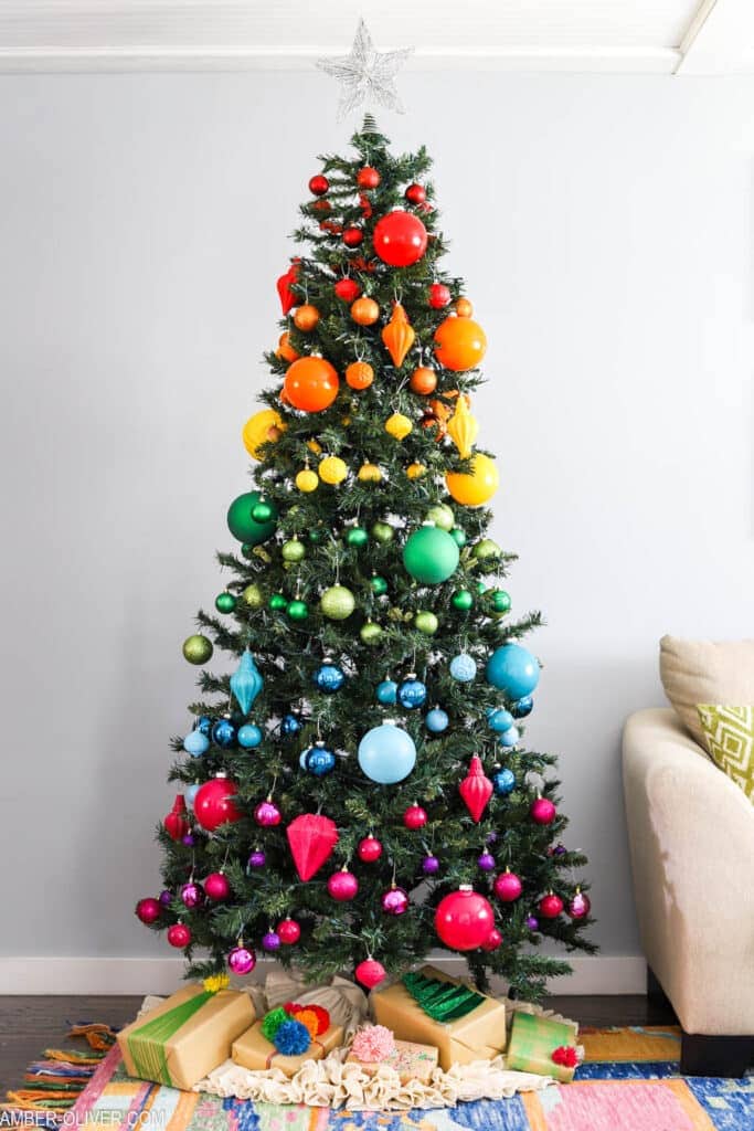 Christmas tree with a rainbow color scheme from Amber Oliver