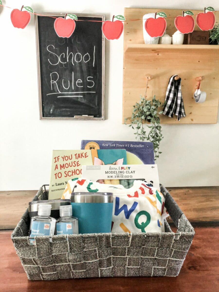 Basket of school items for the first day of school