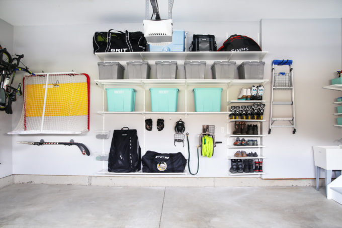 Organized Garage, Organized Hockey Equipment, IKEA ALGOT Shelving