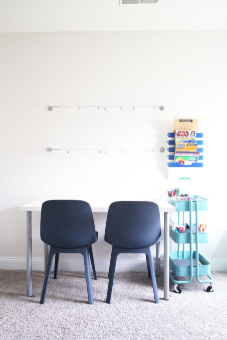 Craft Area for Kids with Room to Display Projects on the Wall Using IKEA DIGNITET Wires