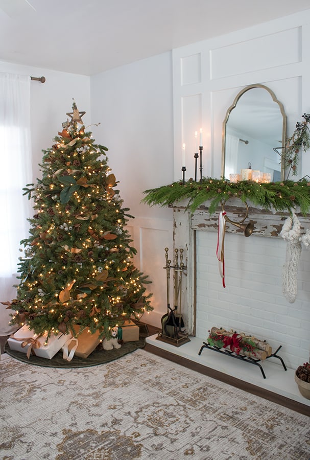 Woodland Christmas tree with magnolia leaves from The Honeycomb Home