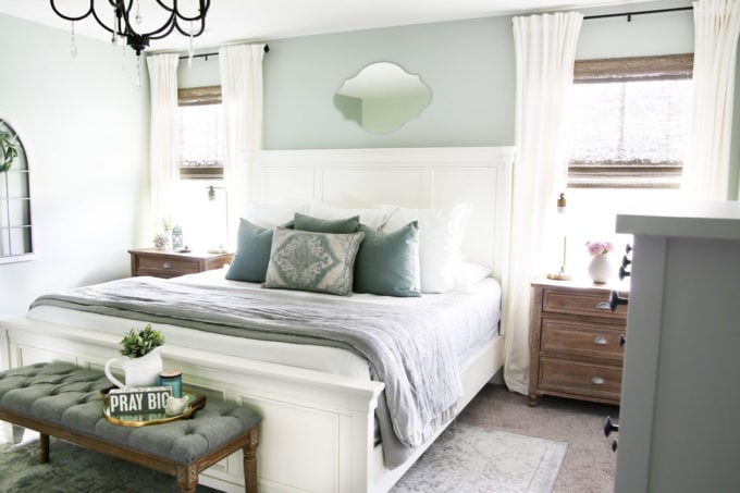 Main Bedroom in Aqua, White, and Gray