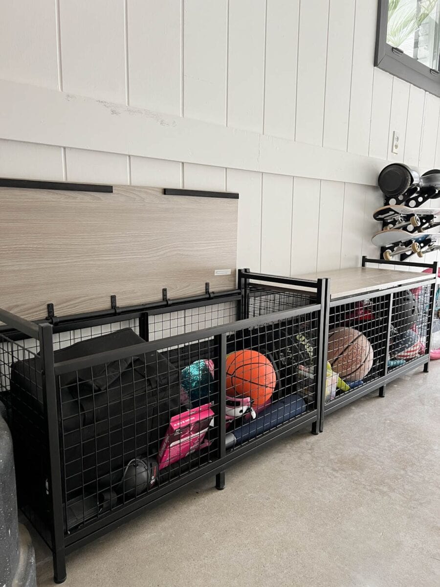 Wood and metal bench with toy storage underneath