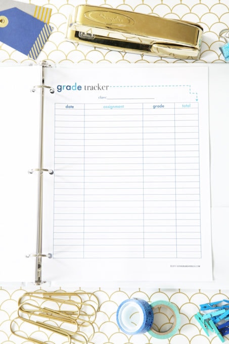 Blue Grade Tracker Printable, Student Binder with Free Printables for Back-to-School, study aids, high school organization, college organization, middle school organization, pretty printables, printables for girls, printables for boys, resources for students, back to school, graduation gift, student organization, teacher printables