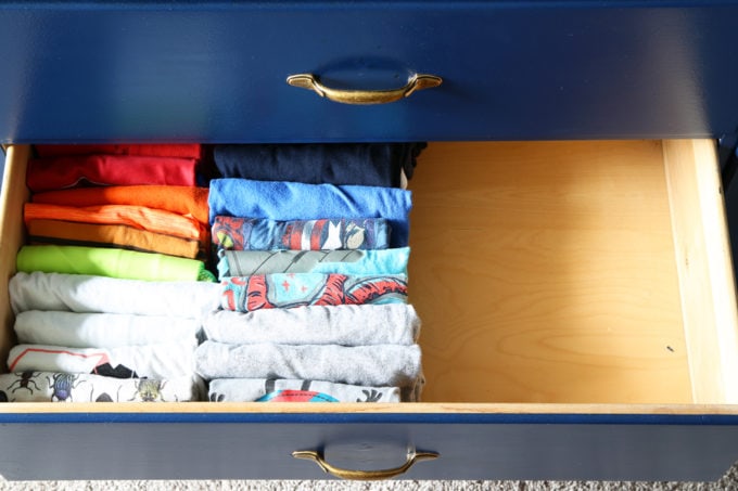 Little Boy's t-shirt drawer, Home Organization - The KonMari Method of folding clothes helps us keep our dresser drawers neat, tidy, and uncluttered! filing method of clothes folding, declutter, decluttering, clothes organization, organizing clothes, kids' clothes organization, IKEA SKUBB boxes, Marie Kondo, The Life Changing Magic of Tidying Up