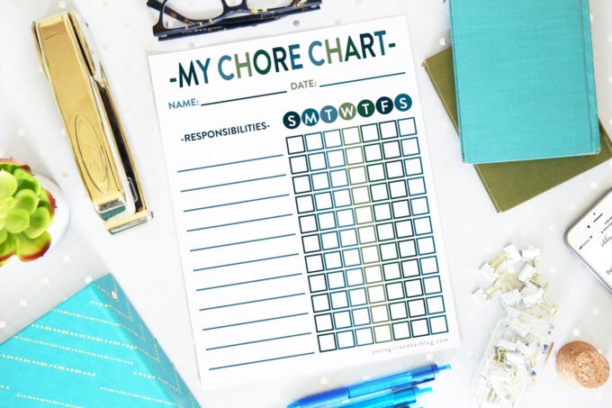 Free Printable Chore Chart in a Blue and Green Color Scheme