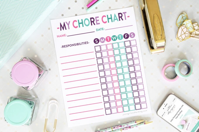 Free Printable Chore Chart in a Pink and Purple Color Scheme