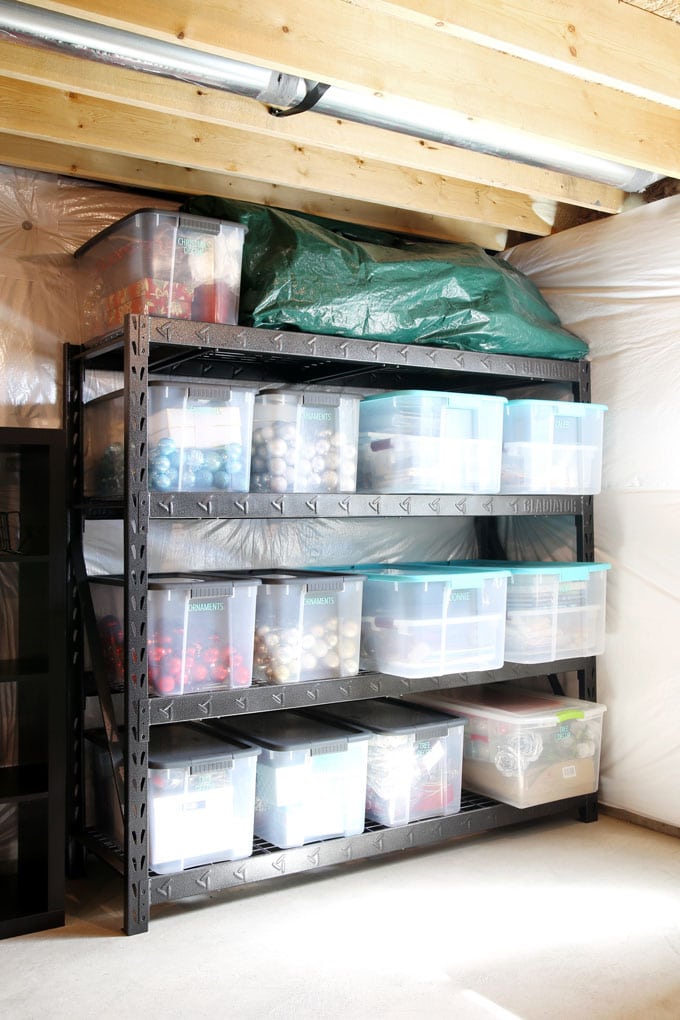 Holiday Decor Bins in an Organized Basement