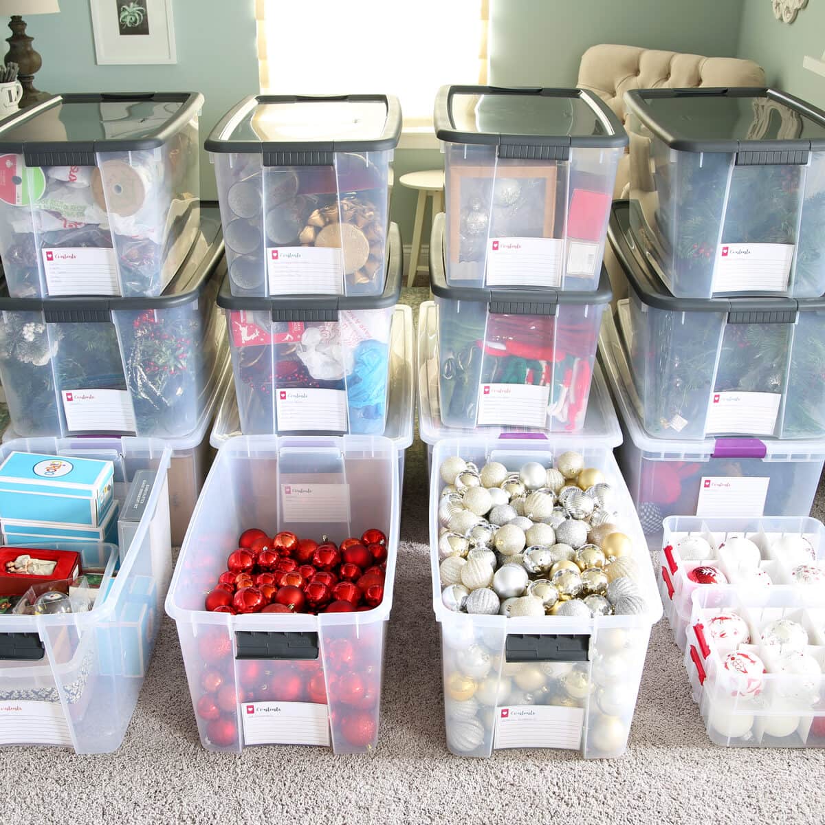 Organized Bins Full of Christmas and Holiday Decorations