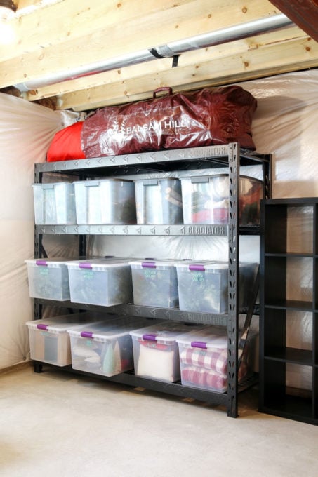 Christmas Decor Bins in an Organized Basement