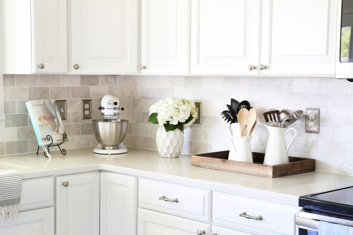 White kitchen with clean quartz countertops