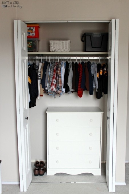 the kids' closet after organizing