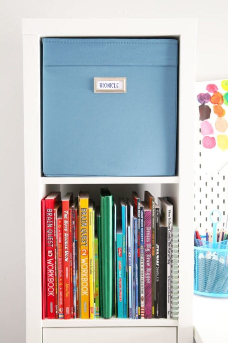 Coloring Books in a Rainbow Pattern and IKEA DRONA Bin with Bookplate Label