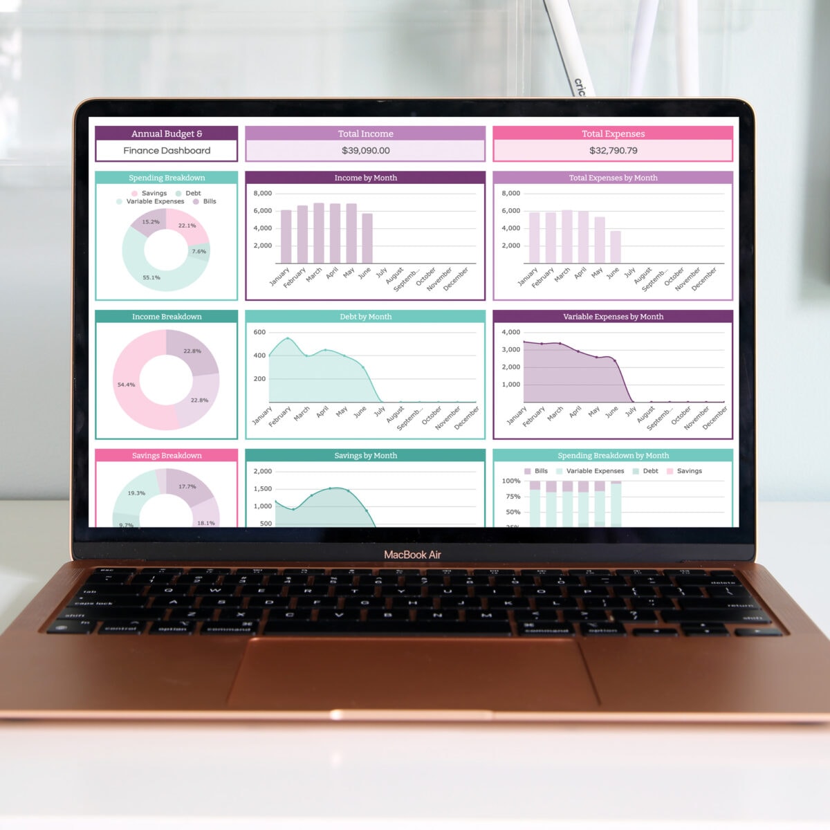 Complete Finance Dashboard Spreadsheet on a Laptop Computer | abbyorganizes.com