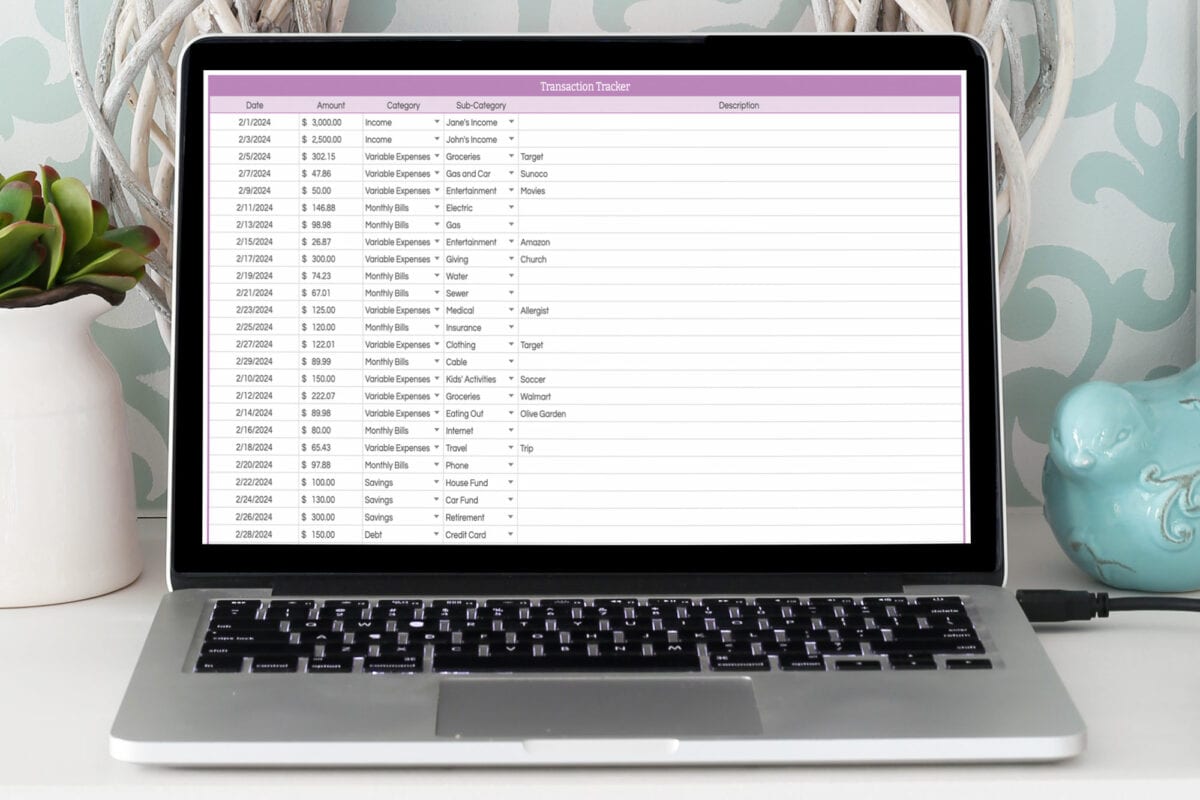 Transaction Tracker, Part of a Budgeting Spreadsheet, Shown on a Laptop Computer