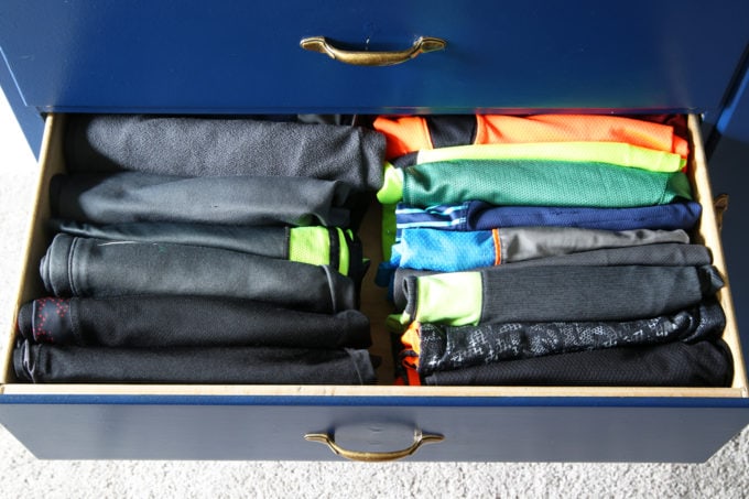 Boy's pants and shorts drawer, Home Organization - The KonMari Method of folding clothes helps us keep our dresser drawers neat, tidy, and uncluttered! filing method of clothes folding, declutter, decluttering, clothes organization, organizing clothes, kids' clothes organization, IKEA SKUBB boxes, Marie Kondo, The Life Changing Magic of Tidying Up