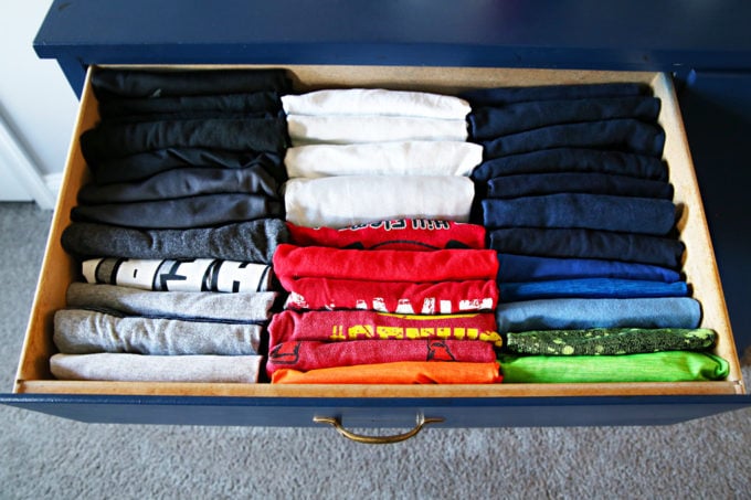 Organized clothes file folded in a drawer using the KonMari Method