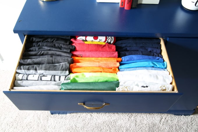 Shared Dresser with Boys' Clothes Folded Using the KonMari Method, Filing Method