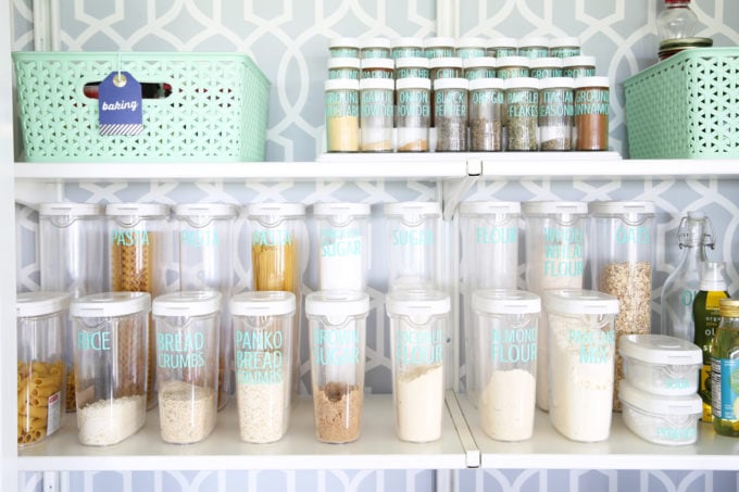 Organized Pantry with Matching Containers and Spice Jars with Labels