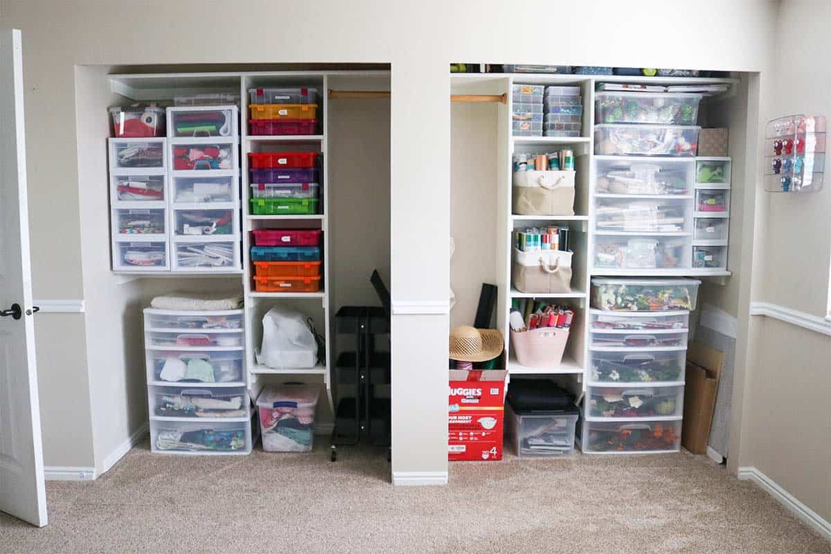 Organized Craft Room Closets with Stacked Storage Drawers