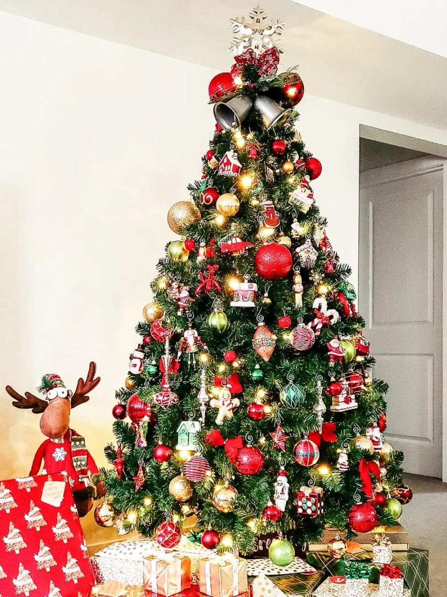 Red, green, and gold Christmas tree by Home with Marieza