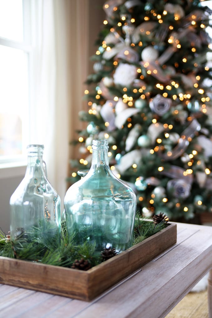 Aqua Demijohns in a Sunroom Decorated for Christmas