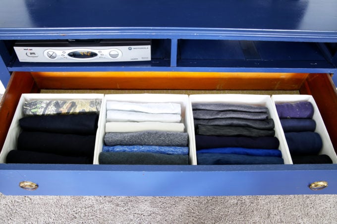 Home Organization - The KonMari Method of folding clothes helps us keep our dresser drawers neat, tidy, and uncluttered! filing method of clothes folding, declutter, decluttering, clothes organization, organizing clothes, kids' clothes organization, IKEA SKUBB boxes, Marie Kondo, The Life Changing Magic of Tidying Up