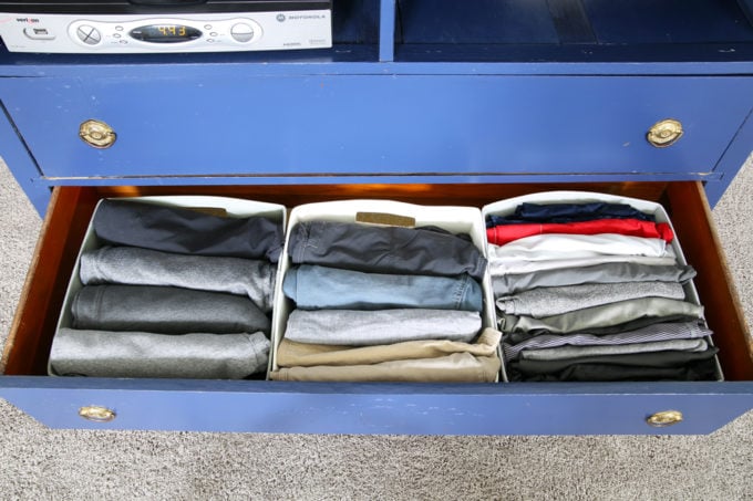 Home Organization - The KonMari Method of folding clothes helps us keep our dresser drawers neat, tidy, and uncluttered! filing method of clothes folding, declutter, decluttering, clothes organization, organizing clothes, kids' clothes organization, IKEA SKUBB boxes, Marie Kondo, The Life Changing Magic of Tidying Up