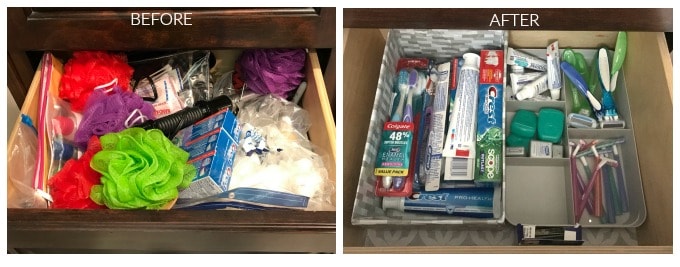 Drawer organization in bathroom toothpaste razors floss from Love Our Real Life