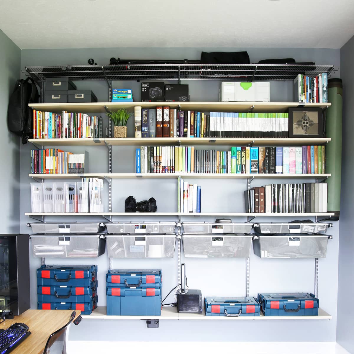 Elfa Shelving from The Container Store in a Masculine Home Office