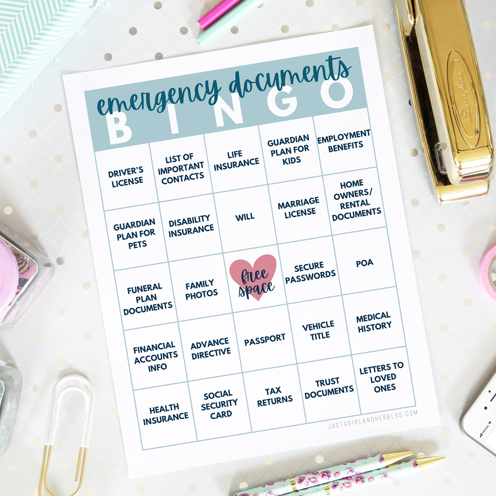 Grab the Emergency Documents Bingo card printable, and organize your most important information so you can be prepared for any unforeseen circumstances in the future.