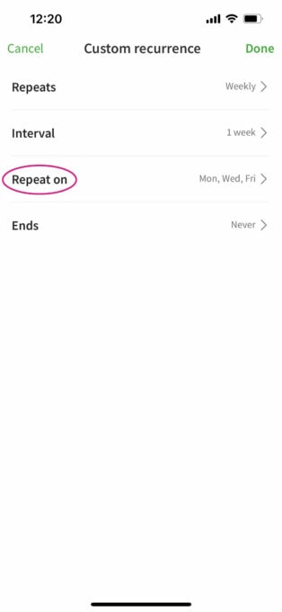 Setting up Evernote recurring tasks on a mobile device