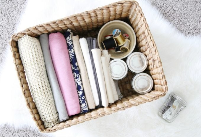 Fabric and Sewing Supplies Organized in a Basket