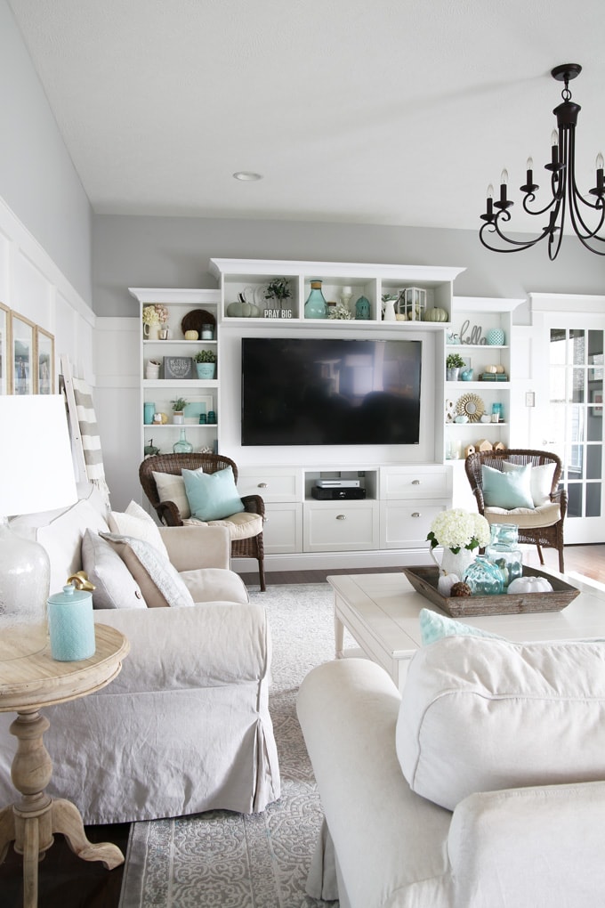 Aqua and White Fall Living Room Decor