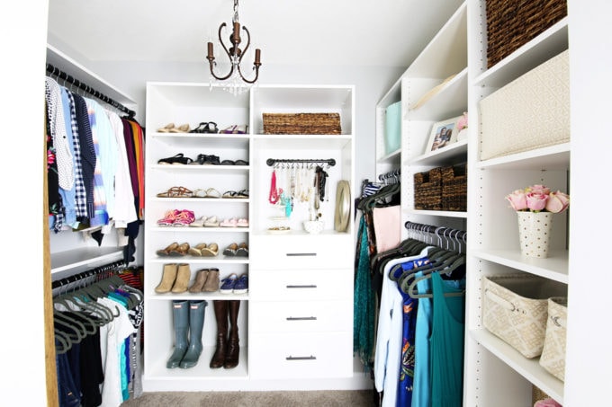 Clothes organized within closet system