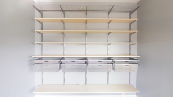 Elfa Shelving Unit from The Container Store with Sand Shelves and Platinum Uprights and Accessories