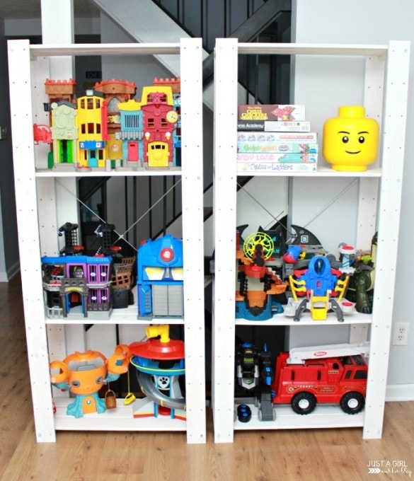 finsihed shelves storing large toys