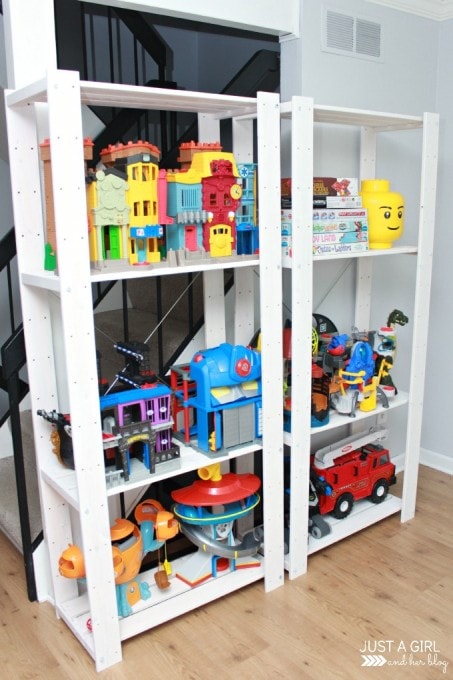 side view of large toys on our new IKEA shelves