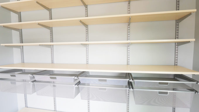 Elfa Shelving Unit from The Container Store with Sand Shelves and Platinum Uprights and Accessories