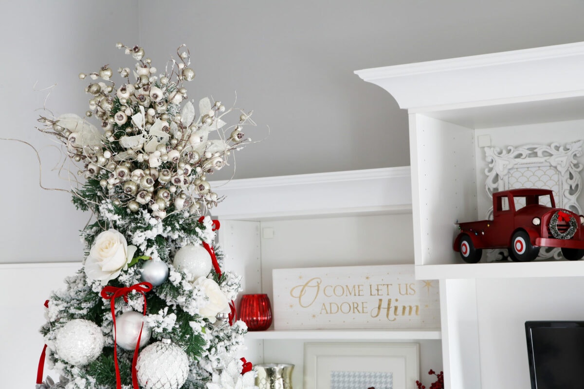 Beautiful Tree Topper with White Decor and Red Accents