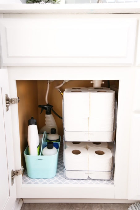 Toilet Paper Organized in Stacking Bins, Cleaning Caddy