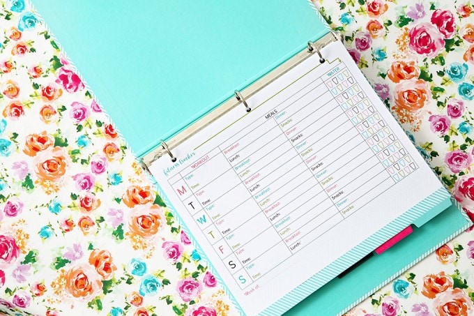 Love this free printable fitness tracker for helping me keep track of my workouts and healthy eating! Click through to the post to get the pretty printable! | JustAGirlAndHerBlog.com