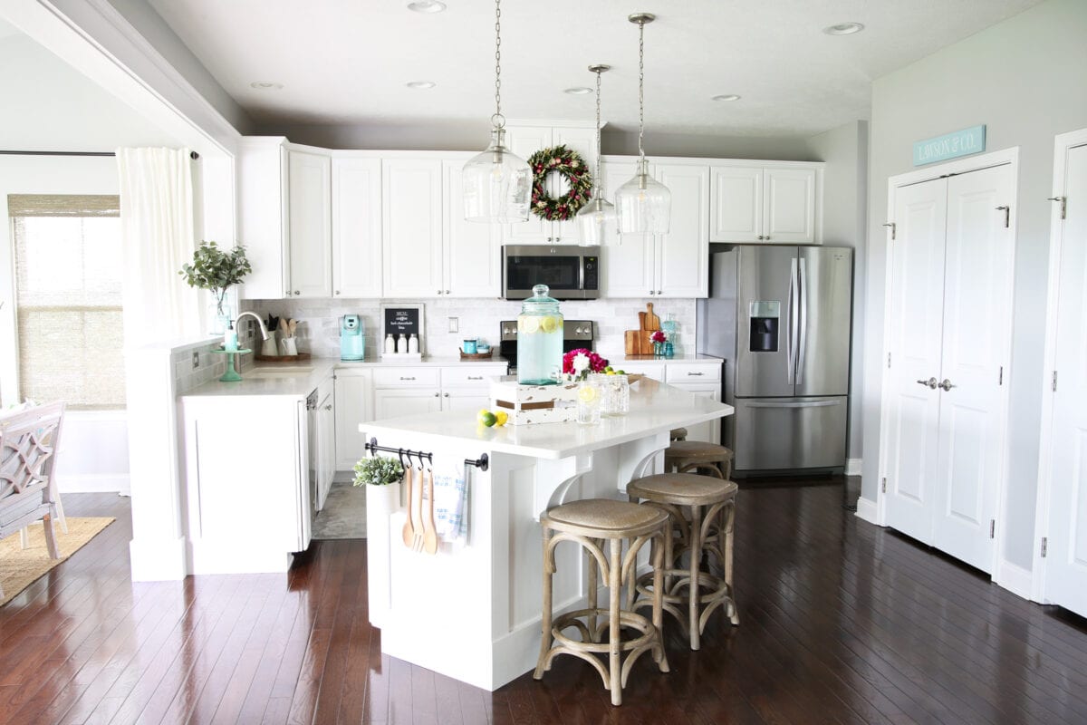 Organized Kitchen with White Cabinets and Quartz Countertops