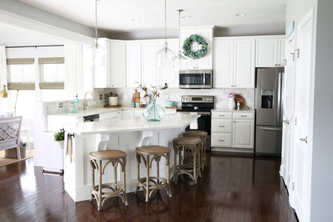 White kitchen with large island