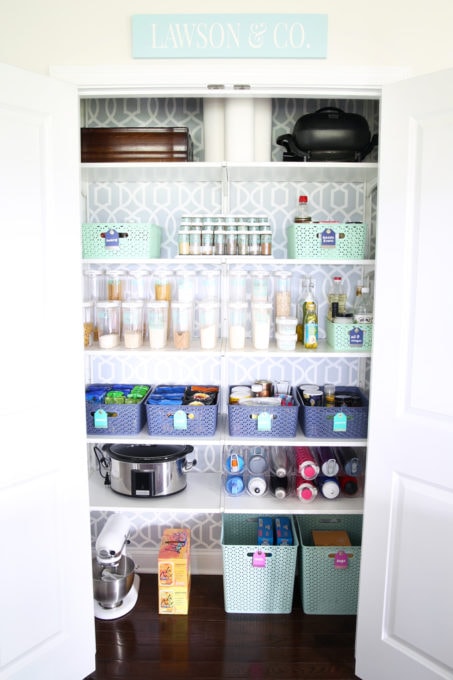 Decluttered and Organized Pantry with Removable Wallpaper and IKEA ALGOT Shelving