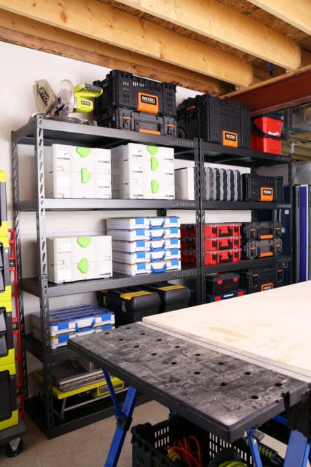 Organized Toolboxes in a Basement Workshop