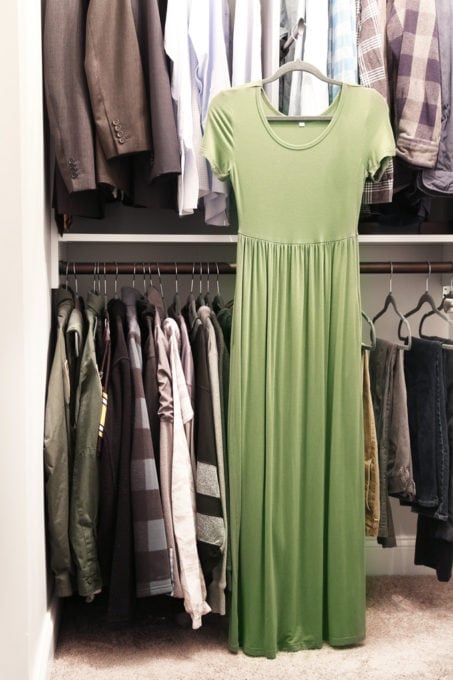 Green Dress Hanging on Valet Hook in an Organized Closet